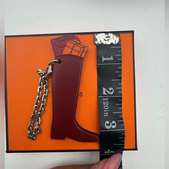 Authentic Hermes Boot Keychain Leather Charm Bordeaux Red Silver Chain - Picture 7 of 8